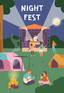 Night music festival with campground and people dancing and relaxing by the fire, poster flat vector illustration.