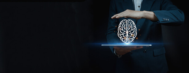 business man wearing suit holding laptop on hand with illustration of brain fair on abstract background. - obrazy, fototapety, plakaty