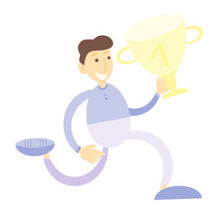Vector illustration of a guy who received a golden cup. The guy won and holds the cup. Got a prize. Isolated.