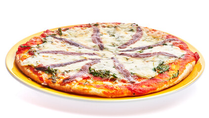  Single italian anchovies pizza over white isolated background
