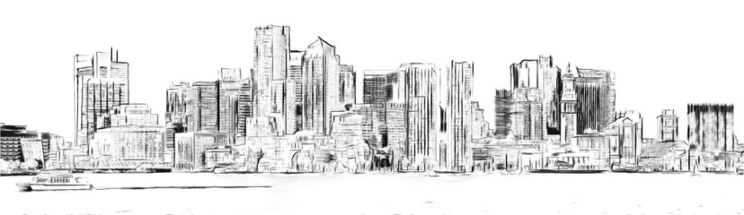 Boston skyline, Massachusetts, USA, pencil style sketch illustration.