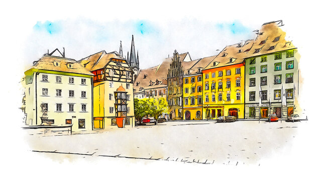 Historic houses on main market square in Cheb, Czech republic, watercolor sketch illustration.