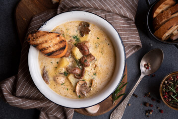 Creamy porcini mushroom soup in a rustic bowl