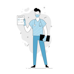 Medical covid test positive result. Doctor character hold clinic test result document. Hand drawn line doodle style. Isolated vector illustration.