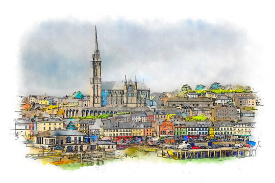 Town of Cobh in Ireland, skyline by the sea, scenic seaport in south coast of County Cork, watercolor sketch illustration.