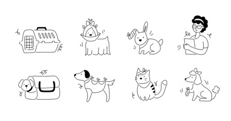 Pet veterinary clinic line icon set. Sick pet, animal, cat, dog for veterinarian sticker template. Doodle line style animal and character. Vector illustration.