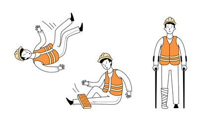 Injured worker fall accident set. Line drawn doodle style character. Man with builder uniform and helmet. Industry work risk and health safety concept. Vector illustration.