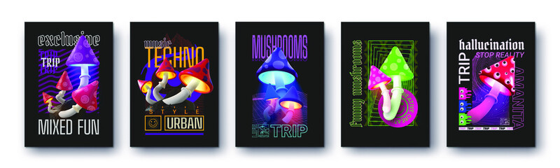 Modern collection of acid abstract posters in the style of Techno, Rave music with neon funny fly agaric mushrooms bright psychedelics. Print for clothing sweatshirts and t-shirts isolated background - obrazy, fototapety, plakaty