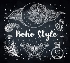 Gypsy Love: Set of Ornamental Boho Style Elements. Vector illustration. Tattoo template. Trendy hand drawn tribal symbol collection. Hippie design elements. Coloring book pages for adults.