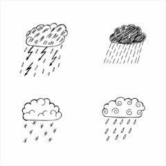 Hand drawn clouds with precipitation. Rain, snow, thunderstorm. Doodle sketch vector illustration.