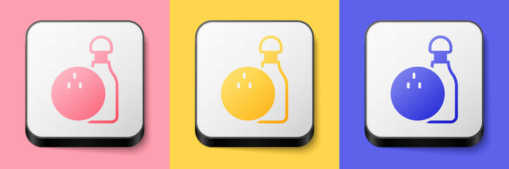 Isometric Bowling pin and ball icon isolated on pink, yellow and blue background. Sport equipment. Square button. Vector