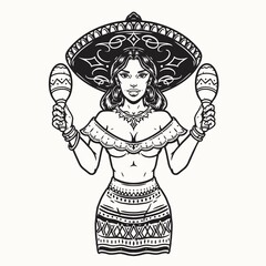 Woman in sombrero holding maracas