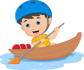 Cartoon Little Boy Rowing Wooden Boat