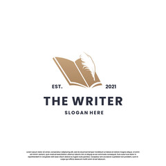 classic writer logo design. author logo feather with book combination.