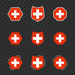 Obraz premium National symbols of Switzerland on a dark transparent background, vector flags of Switzerland.