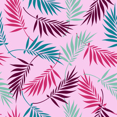 Palm leaves are pink, purple and blue. Seamless pattern of tropical or forest leaves, on an isolated brown background. Silhouettes of leaves.