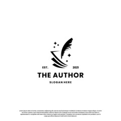 classic writer logo design. author logo feather with book combination.