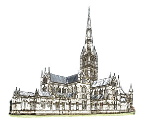 Salisbury Cathedral, an example of early English Gothic, color pencil style sketch illustration, white background.