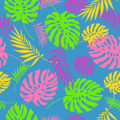 Bright silhouettes of leaves on a blue background. Seamless pattern of tropical or forest leaves, on an isolated brown background.