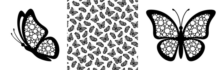 Abstract modern seamless pattern of butterfly with dotted wings on white background for decoration design. Outline closeup design element black butterfly. Side view vector icon
