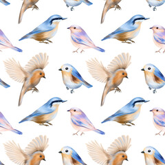 Seamless pattern of cute spring birds, hand drawn illustration on white background