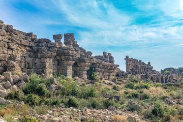 ruins of ancient city walls in Side, Turkey
