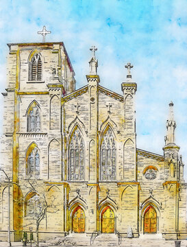 St. Joseph Cathedral, a Catholic cathedral designed in the Gothic Revival style in Columbus, Ohio, United States, watercolor sketch illustration