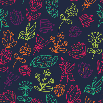 Vector doodle pattern with flowers. Colorful botanic elements