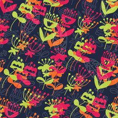 Vector doodle pattern with flowers. Colorful botanic elements