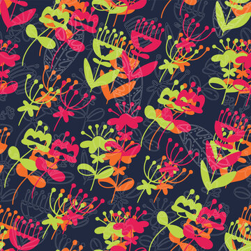 Vector doodle pattern with flowers. Colorful botanic elements © Yana