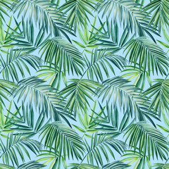 Tropical Palm leaves, blue background, watercolor botanical illustration. Seamless patterns.