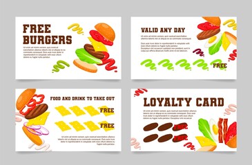 Collection free burgers promo loyalty card vector flat illustration discount voucher gift fast food