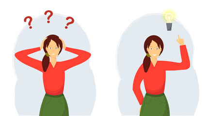 Young woman or student streessed about decision and finding ideas,thinking, creating ideas, coming up with insights and solutions, flat vector illustration