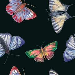 Seamless botanical pattern of colorful butterflies. Watercolor butterflies for design, wallpaper, print. Ornament of bright flying butterflies.