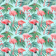 Fototapeta na wymiar Pink Flamingo and palm leaves. Tropics Seamless pattern. watercolor illustration