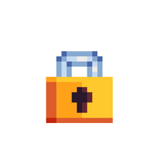 Golden lock sticker, pixel art icon, design for logo, web, mobile app, badges and patches. Isolated on white background vector illustration. Game assets 8-bit sprite.