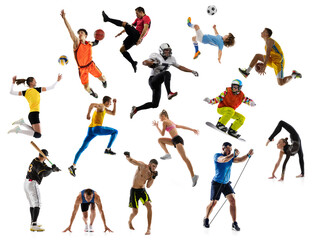 Sport collage about soccer, american football, basketball, volleyball, tennis, rugby, handball players with balls isolated on white background with copy space