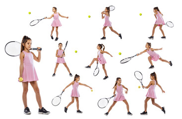 Starting. Collage with little girl, kid, tennis player playing tennis isolated on white background....