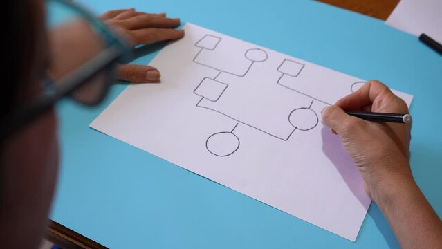 Person Illustrating Family Genogram On A White Sheet Of Paper. High Angle