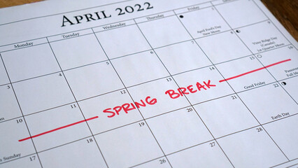 Spring break week written on a calendar in April