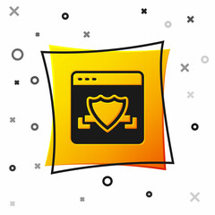 Black Browser with shield icon isolated on white background. Security, safety, protection, privacy concept. Yellow square button. Vector