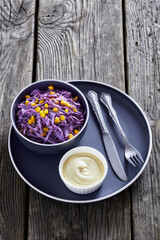 red cabbage corn salad with mayonnaise dressing