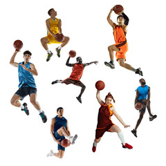 Sport collage about multi ethnic sportsmen, basketball players playing with balls isolated on white...
