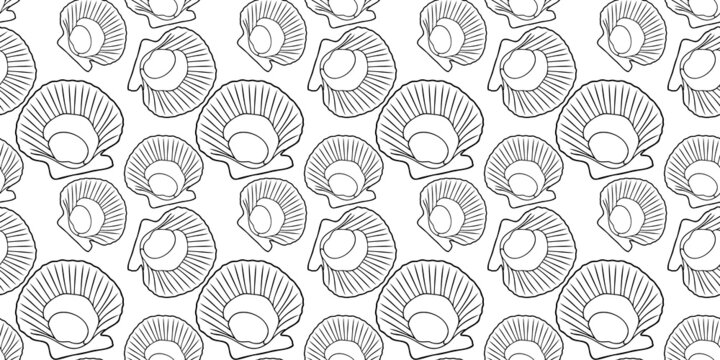 Open fresh scallop in shell seamless pattern. Hand drawn or doodle style. Flat vector illustration