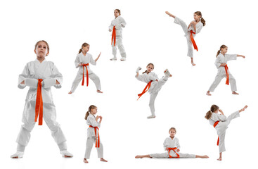 Fototapeta na wymiar Collage. Sportive young girl, teen, taekwondo athlete training isolated over white background. Concept of sport, education, skills