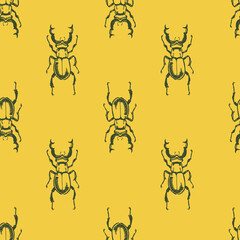 Vector seamless pattern with hand drawn stag beetle for print. Naturalness of nature, beautiful beetle, ecology. Yellow and green color.