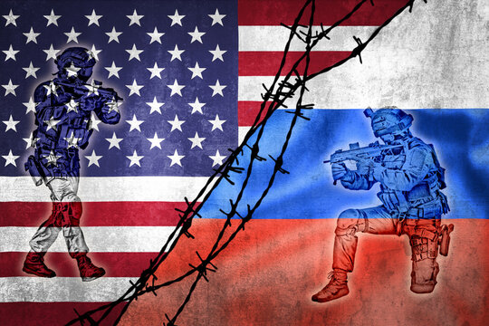 Grunge flags of Russian Federation and USA divided by barb wire with soliders pointing weapon at each other illustration
