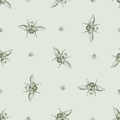 Vector seamless pattern with hand drawn Giraffe beetle and ladybug for print. Naturalness of nature, beautiful beetle, ecology. Green colors.
