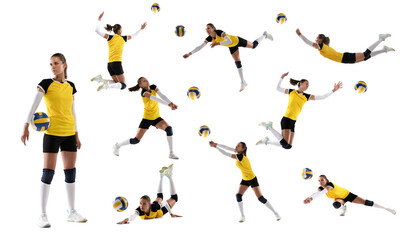 Photo set of young female volleyball player in action and motion isolated on white background. Sport, healthy lifestyle, movement, advertising.