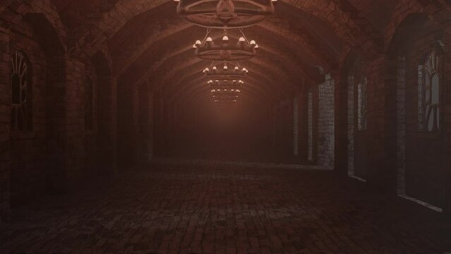 The camera moves slowly down the dark corridor of the castle with glowing round chandeliers. looped animation. 3d render